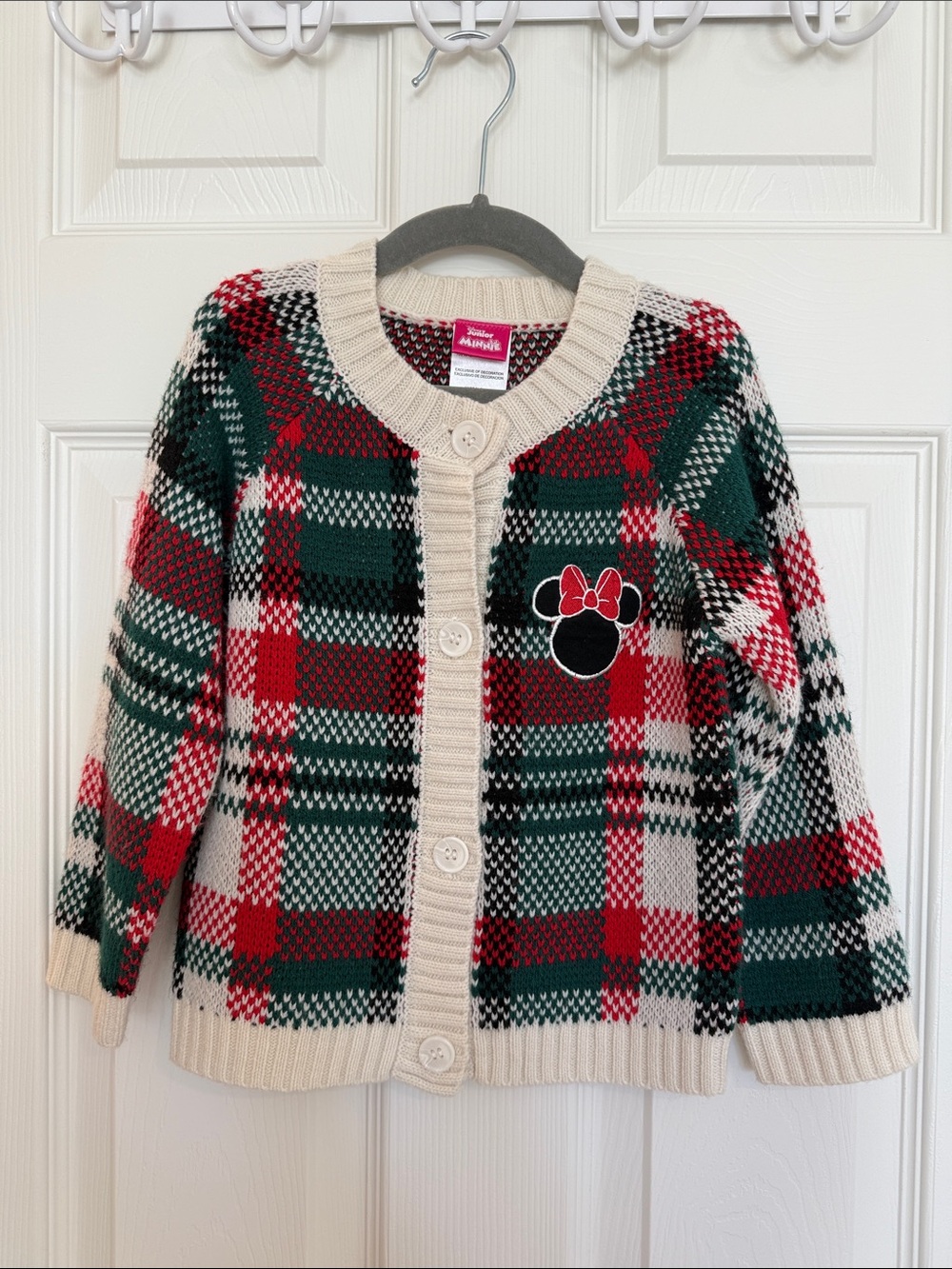 Disney Kids Plaid Knit Cardigan with Minnie Bow Patch - Red/Green/Cream